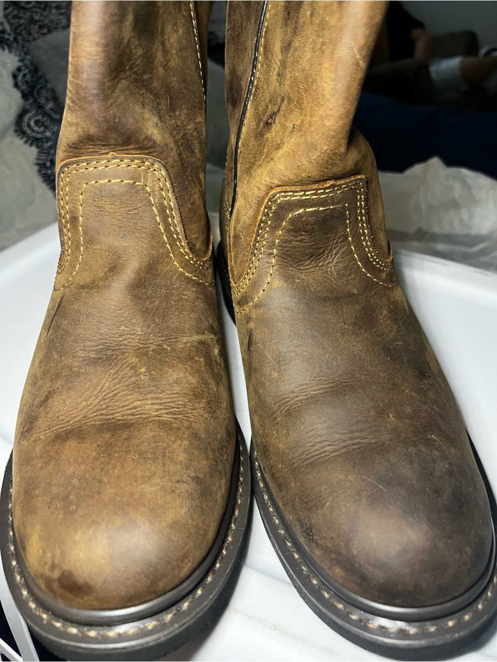 Men's Brown Leather Pull-On Work Boots with Rugged Outsole